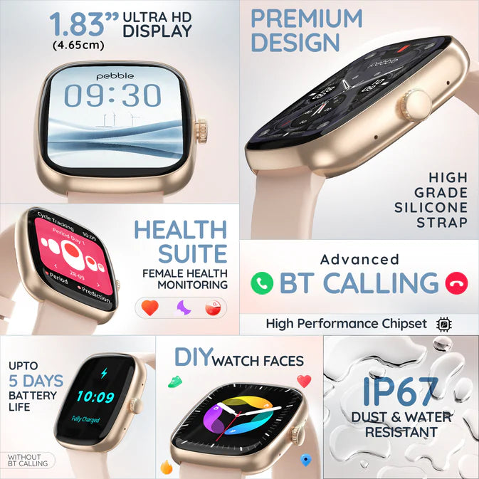 Pebble Stella - 1.83" HD Smart Watch – BT Calling, Premium Metal Build, 100+ DIY Watch Faces, Female Health & Heart Rate Tracking, 100+ Sports Modes, IP67 Dust/Sweat Proof, Smart Notifications