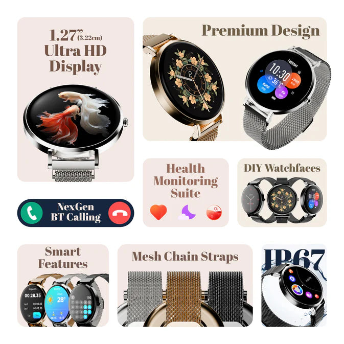 Pebble IVY PFB16 Smartwatch - 1.27” HD Display Smartwatch with Bluetooth Calling, Female Health Monitoring, DIY Watch Faces