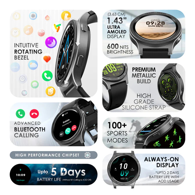 Pebble Revolve Pro - Rotating Bezel 1.43" Ultra Amoled Display, 600 Nits Brightness, Always on Display, High Accuracy Step Count, Metal Build, Premium Strap, BT Calling, DIY Watch Faces, Voice Assistant