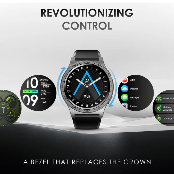 Pebble Revolve Pro - Rotating Bezel 1.43" Ultra Amoled Display, 600 Nits Brightness, Always on Display, High Accuracy Step Count, Metal Build, Premium Strap, BT Calling, DIY Watch Faces, Voice Assistant