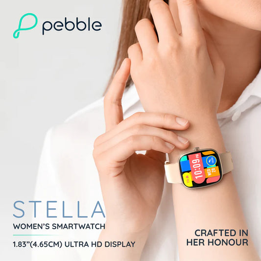 Pebble Stella - 1.83" HD Smart Watch – BT Calling, Premium Metal Build, 100+ DIY Watch Faces, Female Health & Heart Rate Tracking, 100+ Sports Modes, IP67 Dust/Sweat Proof, Smart Notifications